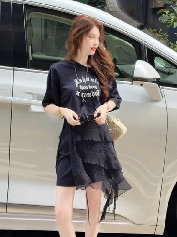 검정색 품격 핫걸 비스듬한 어깨 불규칙 드레스 레이스 랩스커트팬츠 여성 의류 2026 여름 새로운 캐주얼 미니 스커트 이미지 2