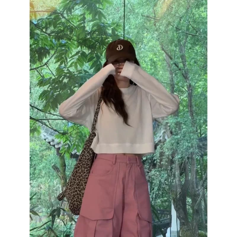 2026 새로운 느긋한 느슨함 바람 화이트 쇼트 스타일 라운드 넥 긴팔 티셔츠 여성 여름 다용도 슬림해 보이는 이슬 뼈의 맨위 상세 이미지 5