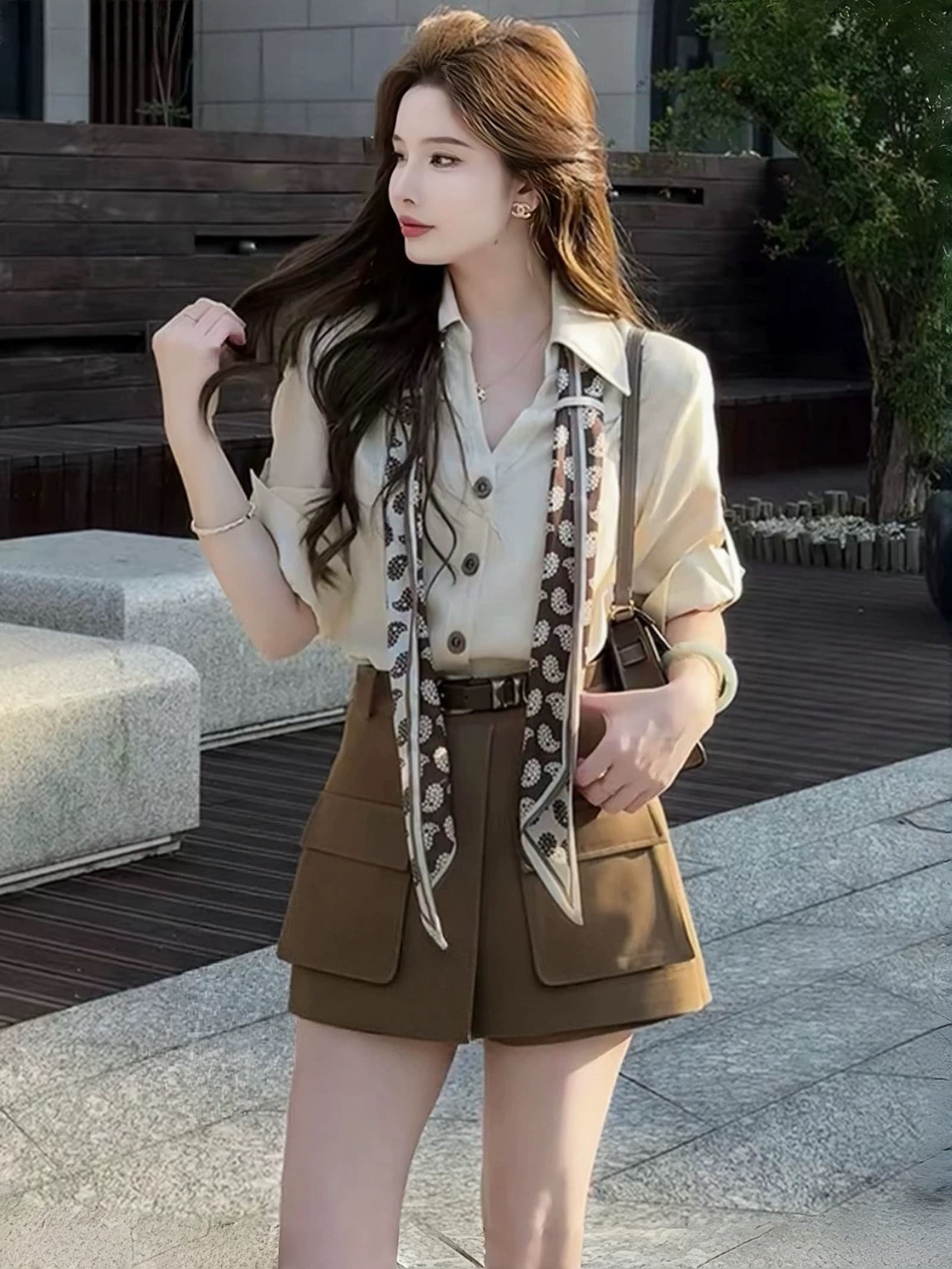 전체 집합 한 부서 오래된 돈 바람 품격 착용 가져 가라. 여성 여름 차가운 바람의 소리 폴로 칼라 스카프 셔츠 워크웨어 미니 스커트 투피스 세트 이미지 2
