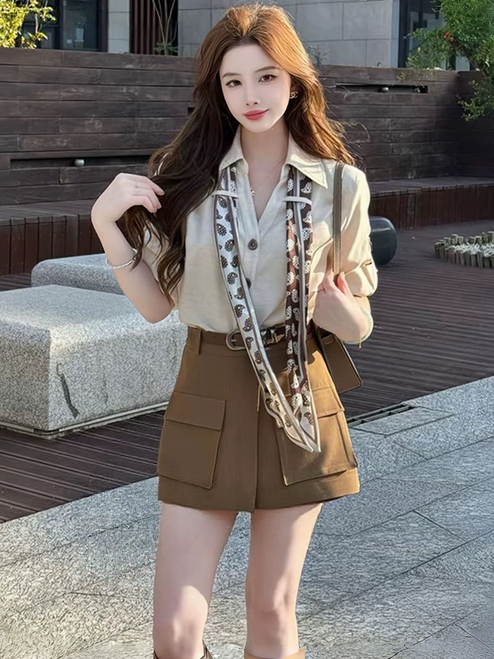 전체 집합 한 부서 오래된 돈 바람 품격 착용 가져 가라. 여성 여름 차가운 바람의 소리 폴로 칼라 스카프 셔츠 워크웨어 미니 스커트 투피스 세트 상세 이미지 2