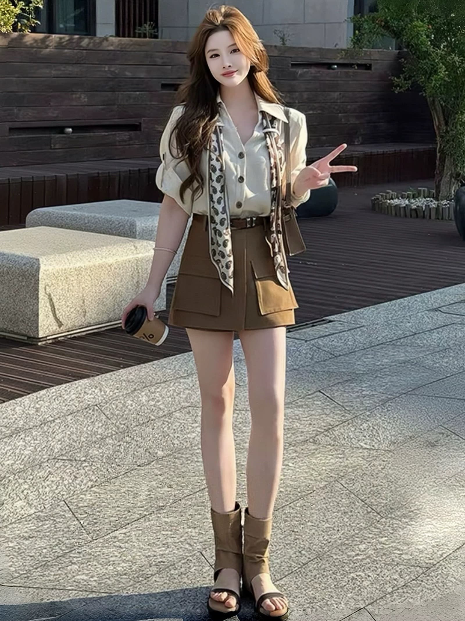 전체 집합 한 부서 오래된 돈 바람 품격 착용 가져 가라. 여성 여름 차가운 바람의 소리 폴로 칼라 스카프 셔츠 워크웨어 미니 스커트 투피스 세트 상세 이미지 3