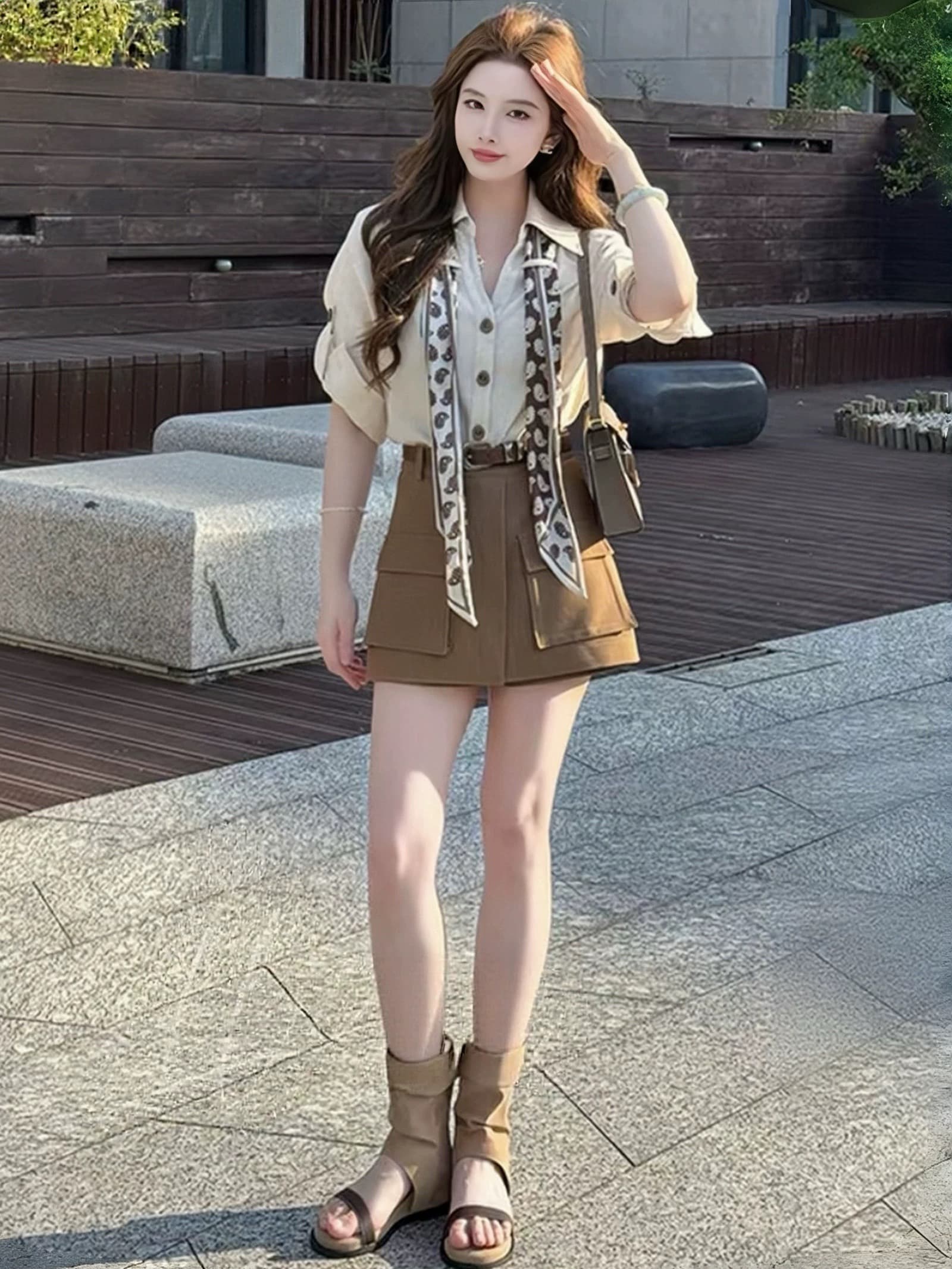 전체 집합 한 부서 오래된 돈 바람 품격 착용 가져 가라. 여성 여름 차가운 바람의 소리 폴로 칼라 스카프 셔츠 워크웨어 미니 스커트 투피스 세트 상세 이미지 4
