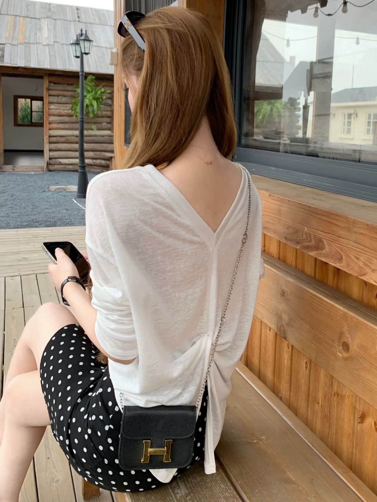 한 부서 긴팔 자외선 차단 니트 블라우스 도트 무늬 반신 스커트 여성 여름 품격 출퇴근 세트 착용 가져 가라. 아름다운 투피스 세트 이미지 4
