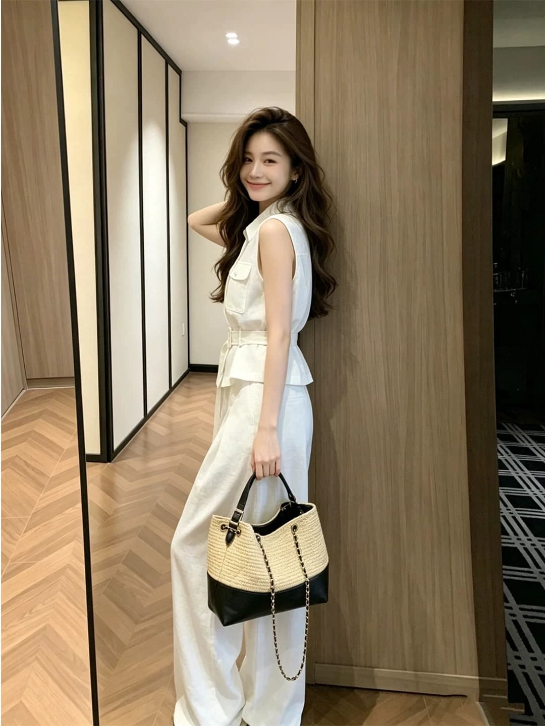 빛 사람들 코치 착용 가져 가라. 전체 집합 면 린넨 고급 아마 오래된 돈 바람 화이트 민소매 셔츠 와이드 레그 팬츠 세트 여성 상세 이미지 2