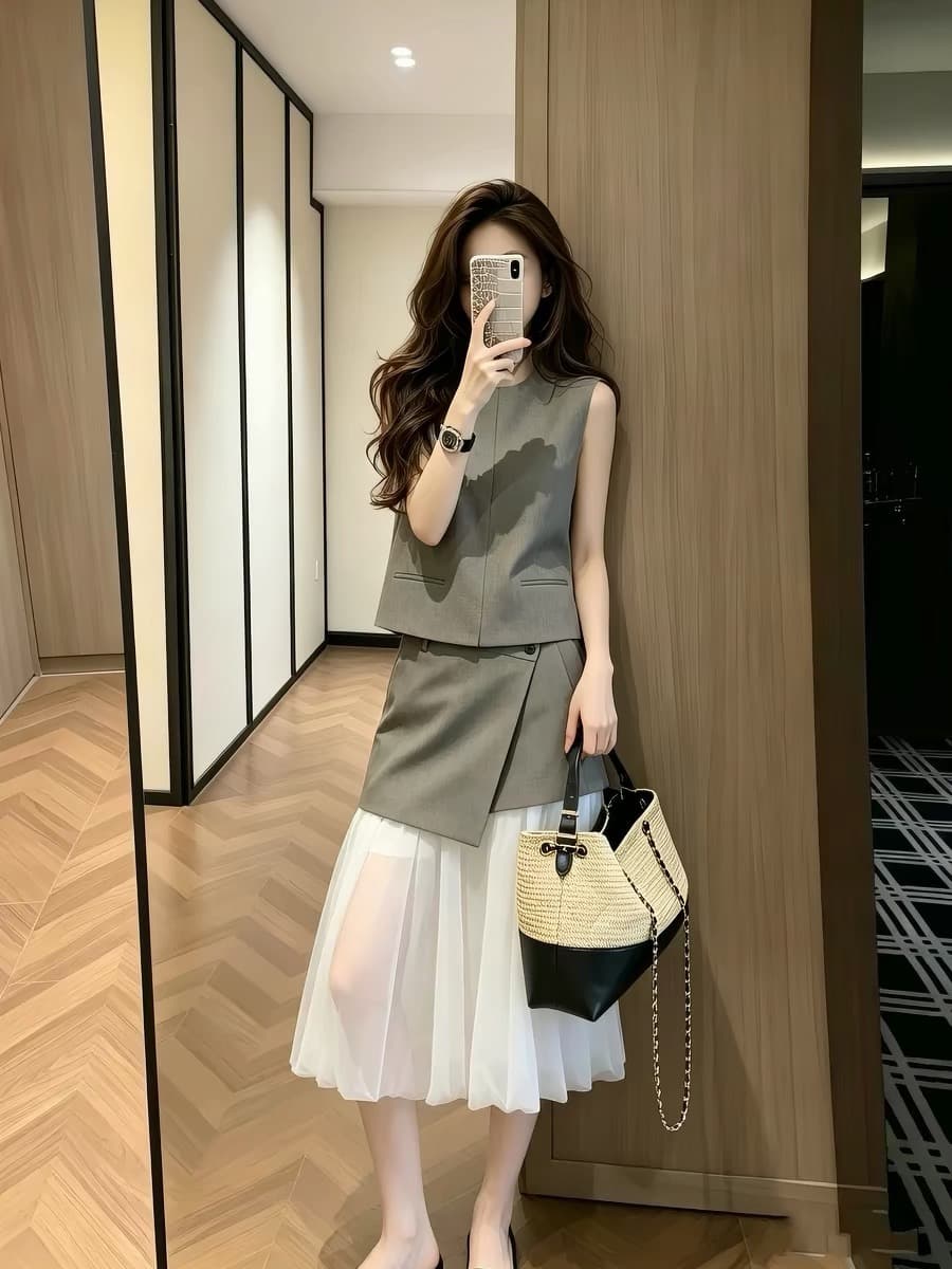 직장 출퇴근 오래된 돈 바람 한 부서 착용 가져 가라. 품격 고급 센스 민소매 베스트 반신 스커트 투피스 슈트 여성 여름 상세 이미지 5