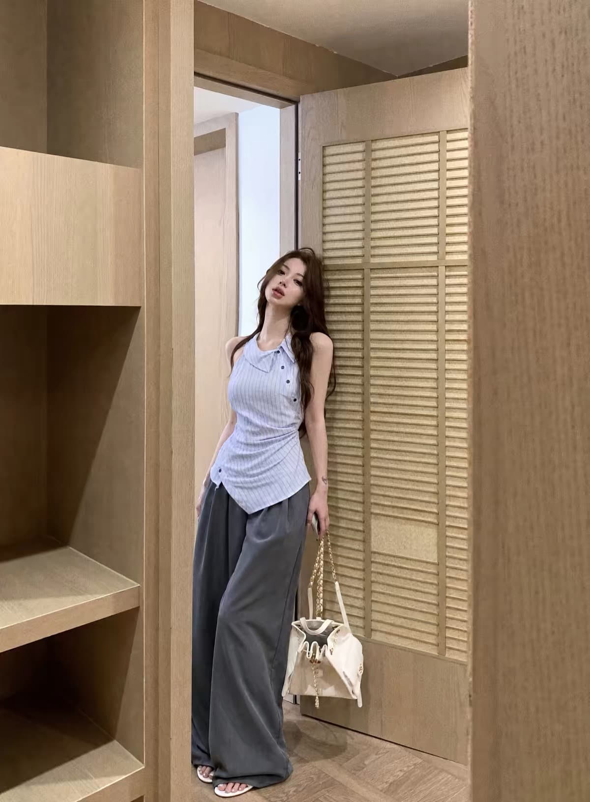 pphome 불규칙 스트라이프 폴로 칼라 허리 수축 핀치 Pleat 셔츠 조끼 여성 여름 하이웨이스트 캐주얼 바지 투피스 세트 이미지 4