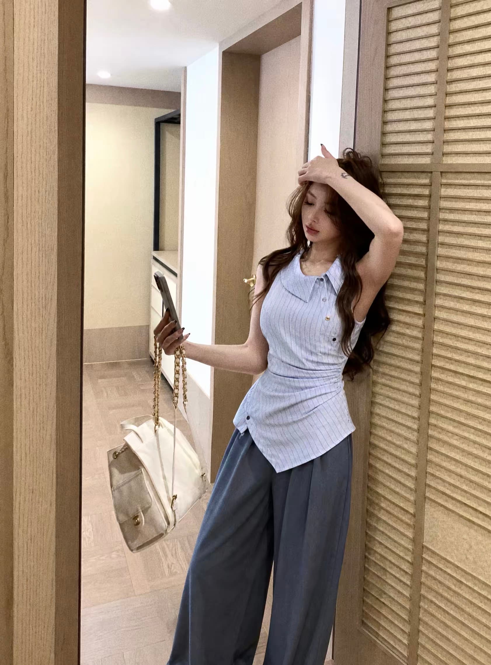 pphome 불규칙 스트라이프 폴로 칼라 허리 수축 핀치 Pleat 셔츠 조끼 여성 여름 하이웨이스트 캐주얼 바지 투피스 세트 상세 이미지 2