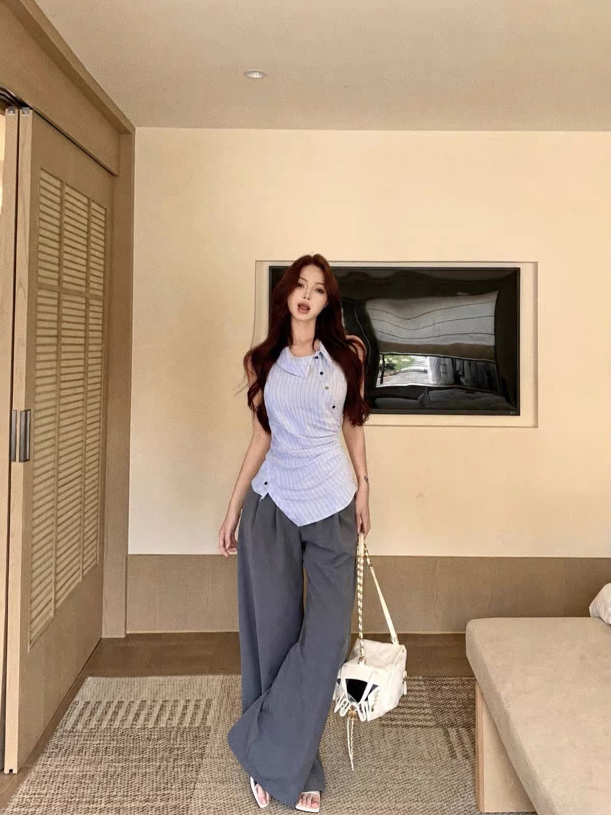 pphome 불규칙 스트라이프 폴로 칼라 허리 수축 핀치 Pleat 셔츠 조끼 여성 여름 하이웨이스트 캐주얼 바지 투피스 세트 상세 이미지 3