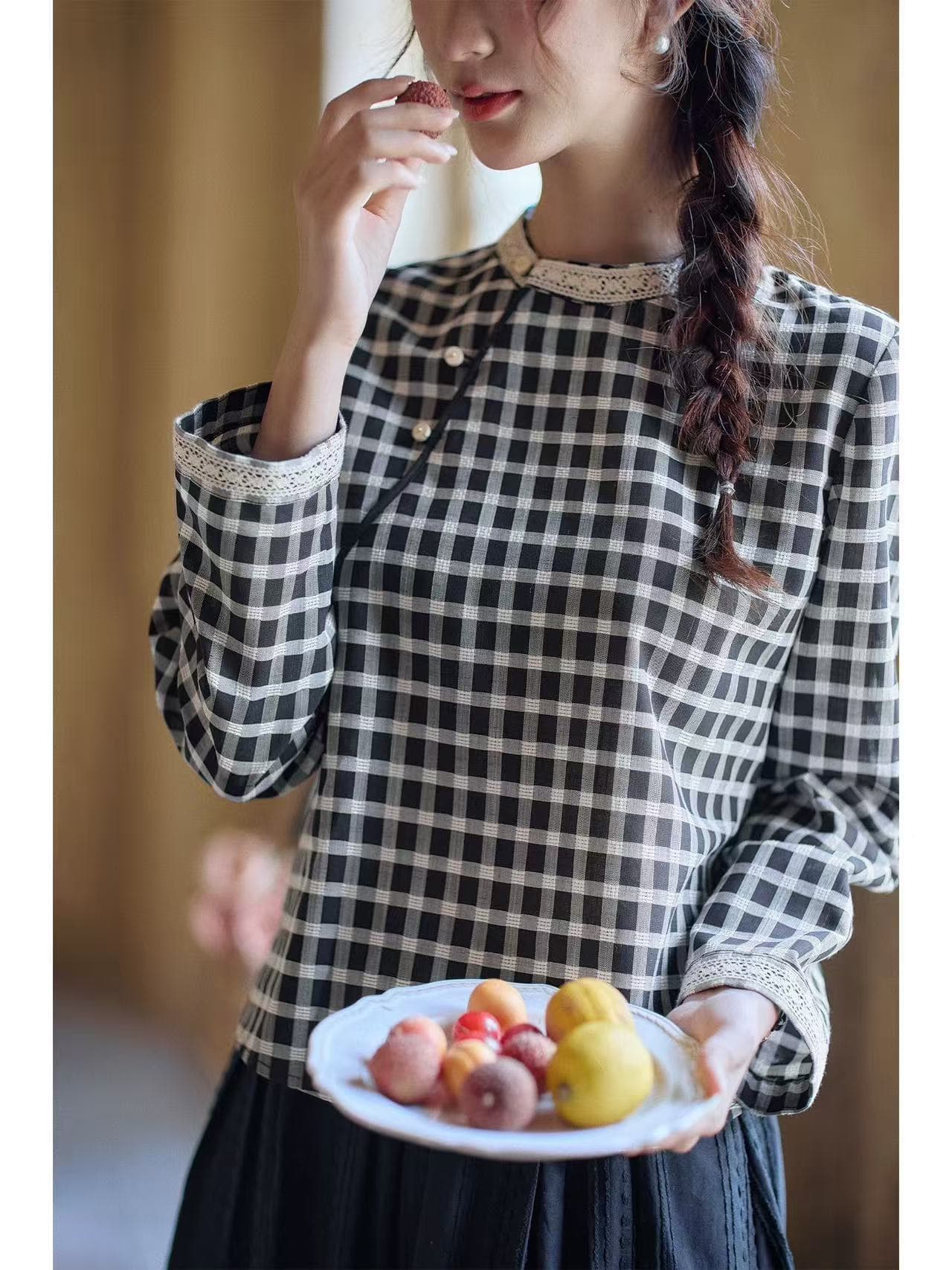 흑인과 백인 체크무늬 주간 실크 레이스 셔츠 여성 긴 소매 루즈핏 캐주얼 2026 년 가을 새로운 여성 의류 품격 맨위 이미지 4