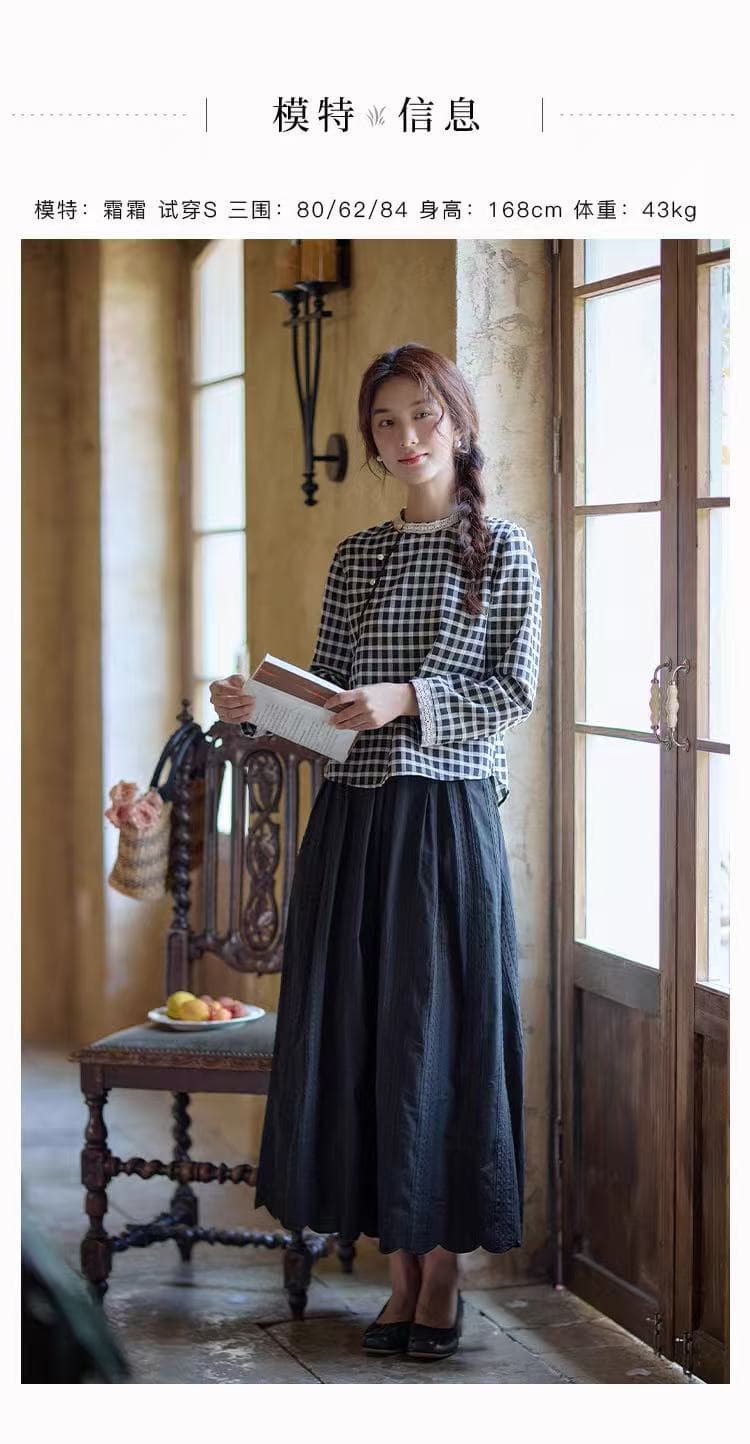 흑인과 백인 체크무늬 주간 실크 레이스 셔츠 여성 긴 소매 루즈핏 캐주얼 2026 년 가을 새로운 여성 의류 품격 맨위 상세 이미지 1