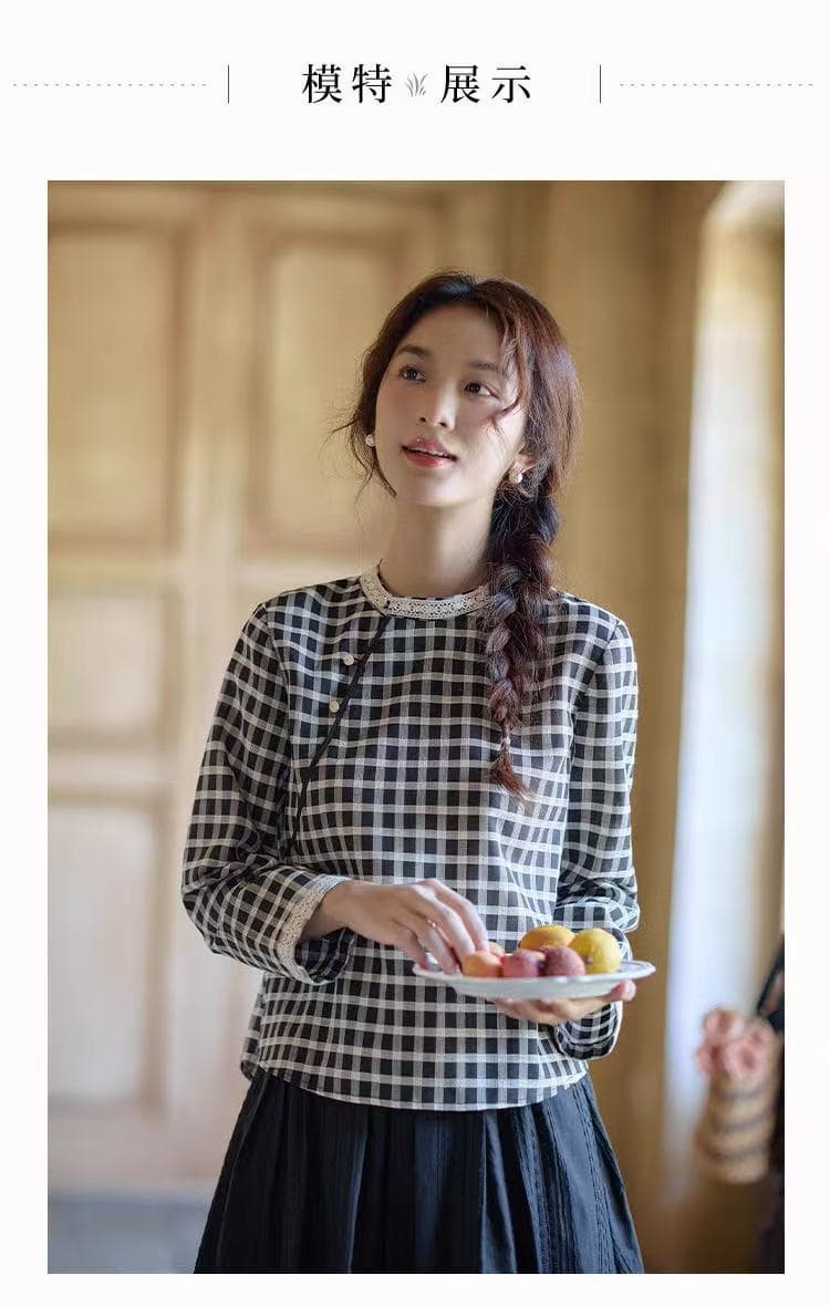 흑인과 백인 체크무늬 주간 실크 레이스 셔츠 여성 긴 소매 루즈핏 캐주얼 2026 년 가을 새로운 여성 의류 품격 맨위 상세 이미지 2
