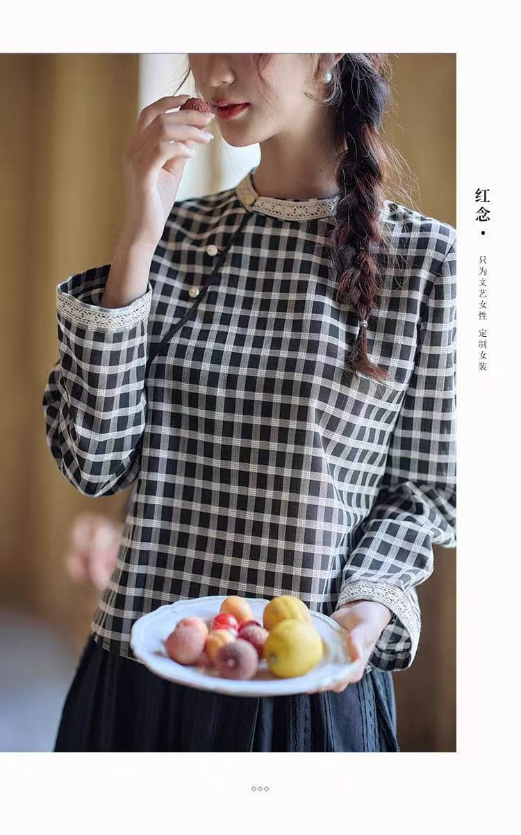 흑인과 백인 체크무늬 주간 실크 레이스 셔츠 여성 긴 소매 루즈핏 캐주얼 2026 년 가을 새로운 여성 의류 품격 맨위 상세 이미지 8
