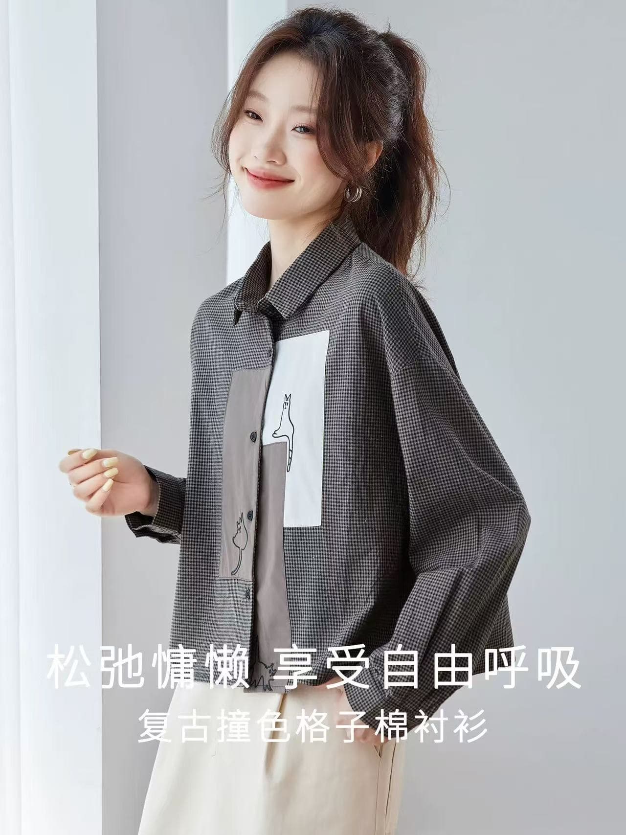 이른 가을 여성 의류 2026 새로운 체크무늬 긴팔 여성 셔츠 디자인 센스 작은 대중 맨위 자수 고양이 셔츠 재킷 이미지 3