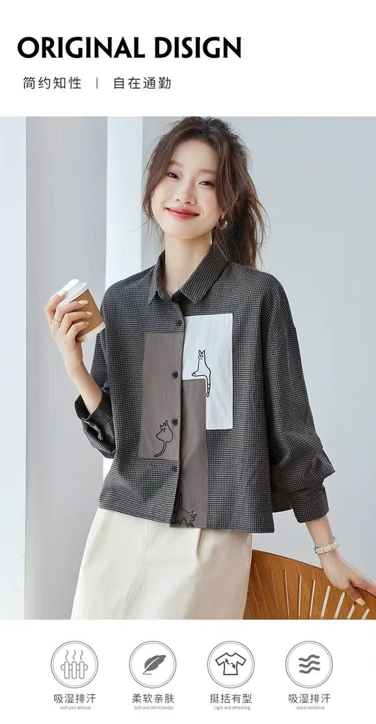 이른 가을 여성 의류 2026 새로운 체크무늬 긴팔 여성 셔츠 디자인 센스 작은 대중 맨위 자수 고양이 셔츠 재킷 상세 이미지 3