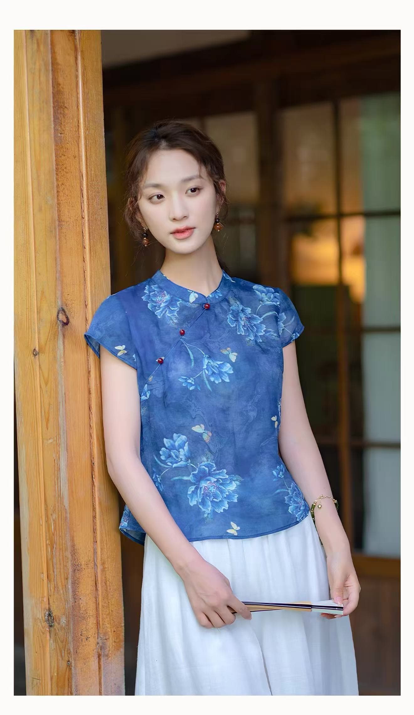 새로운 중식 파란색 라미 셔츠 여성용 짧은 소매 디자인 센스 몸매 가꾸기 2026 년 여름 새로운 품격 맨위 상세 이미지 7