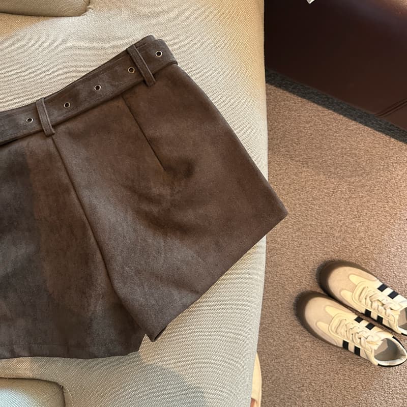 실사 덕 당겨서 달콤한 매운맛 바람 징 벨트 스웨이드 원단 넓은 다리 캐주얼 반바지 여성 상세 이미지 19
