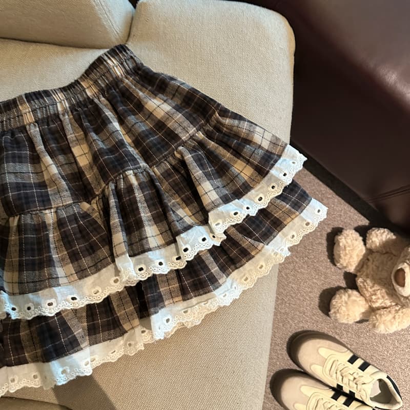 실사 가을 겨울 얇은 모직 원단 체크무늬 패치워크 레이스 케이크 드레스 퍼프 한 마디 반신 스커트 여성 상세 이미지 15