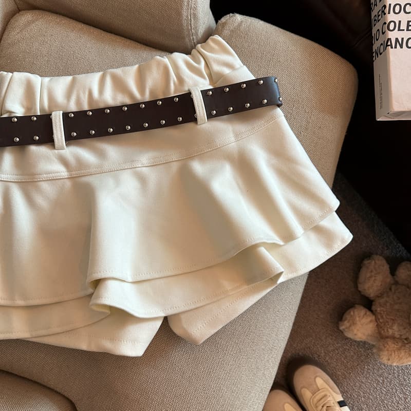 실사 가을 겨울 모직 하이웨이스트 케이크 드레스 층 프릴 한 마디 미니 스커트 노출 방지 치마바지 벨트 포함 상세 이미지 12