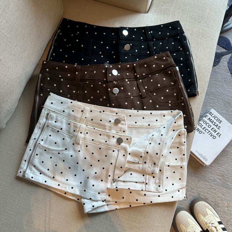 실사 아메리칸 흑인과 백인 배색 도트 무늬 반바지 측면 더블 허리 머리 페이크 레이어드 치마바지 쇼트 스타일 반신 치마바지 여성 상세 이미지 5