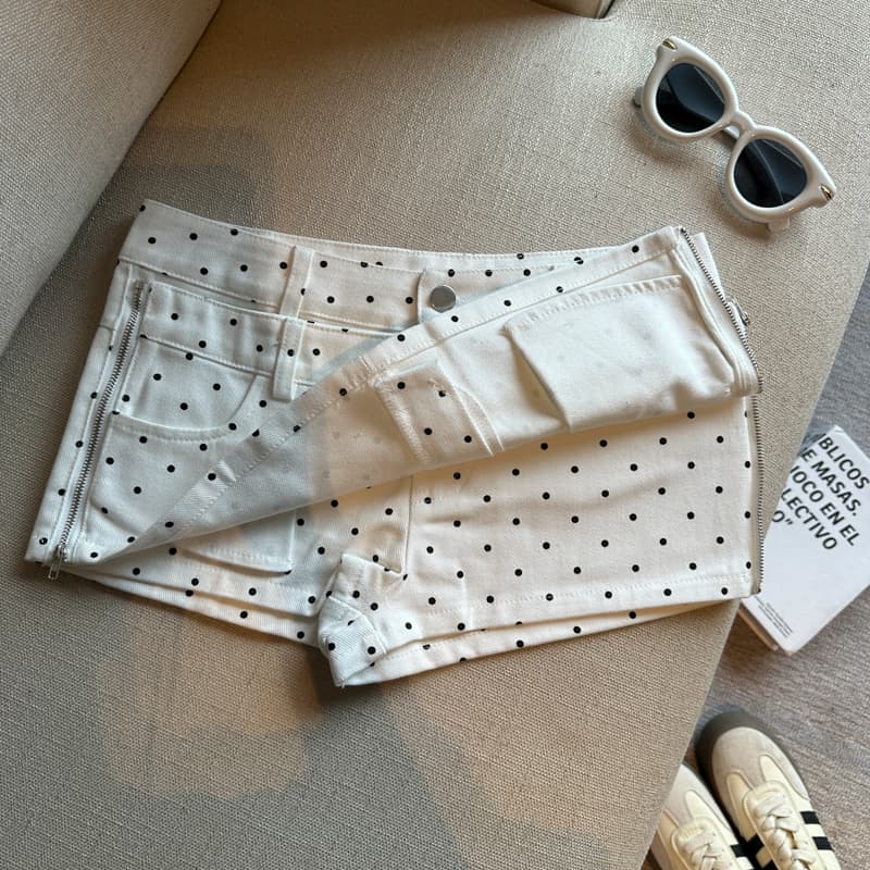 실사 아메리칸 흑인과 백인 배색 도트 무늬 반바지 측면 더블 허리 머리 페이크 레이어드 치마바지 쇼트 스타일 반신 치마바지 여성 상세 이미지 20