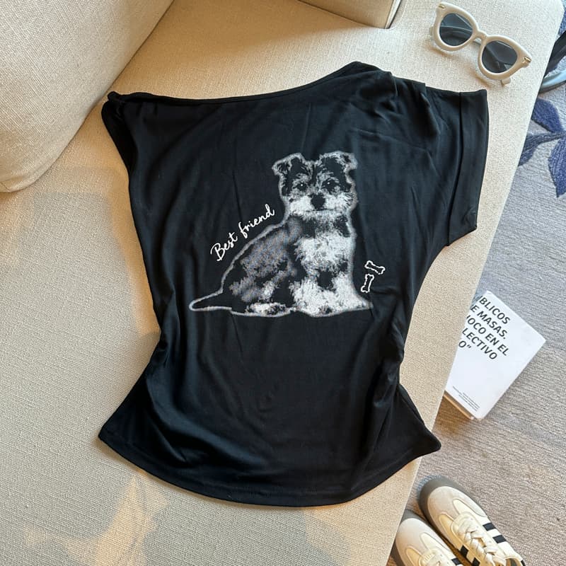 실사 비스듬한 어깨 프린트 반팔 티셔츠 이른 봄 새로운 한 부서 오프숄더 몸매 가꾸기 디자인 센스 핫걸 맨위 경기 스카프 상세 이미지 31