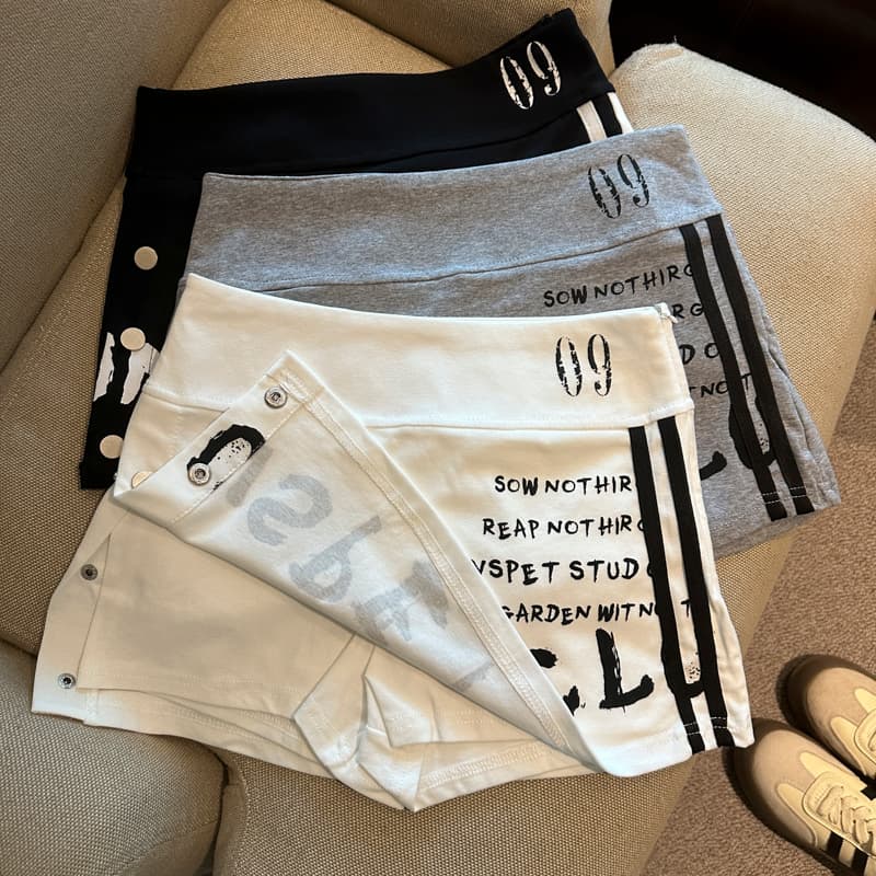 실사 아메리칸 레트로 하이웨이스트 슬림해 보이는 알파벳 프린트 측면 트임 노출 방지 반신 스커트 미니 스커트 여성 상세 이미지 14