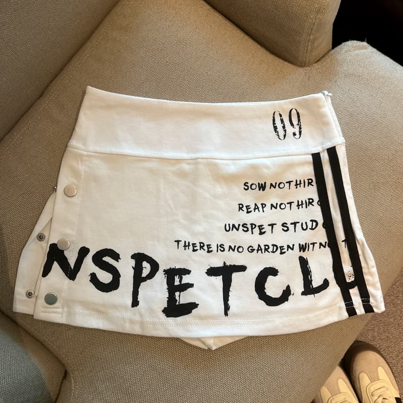 실사 아메리칸 레트로 하이웨이스트 슬림해 보이는 알파벳 프린트 측면 트임 노출 방지 반신 스커트 미니 스커트 여성 상세 이미지 21