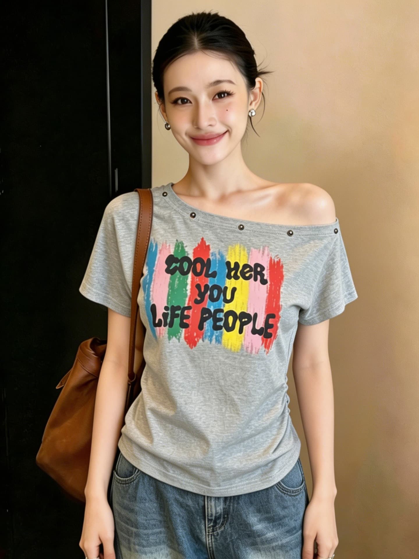 실사 한국 스타일 달콤한 차가운 핫걸 바람 작은 대중 비스듬한 어깨 징 무지개 프린트 슬림해 보이는 다용도 세련된 티셔츠 여성 상세 이미지 24