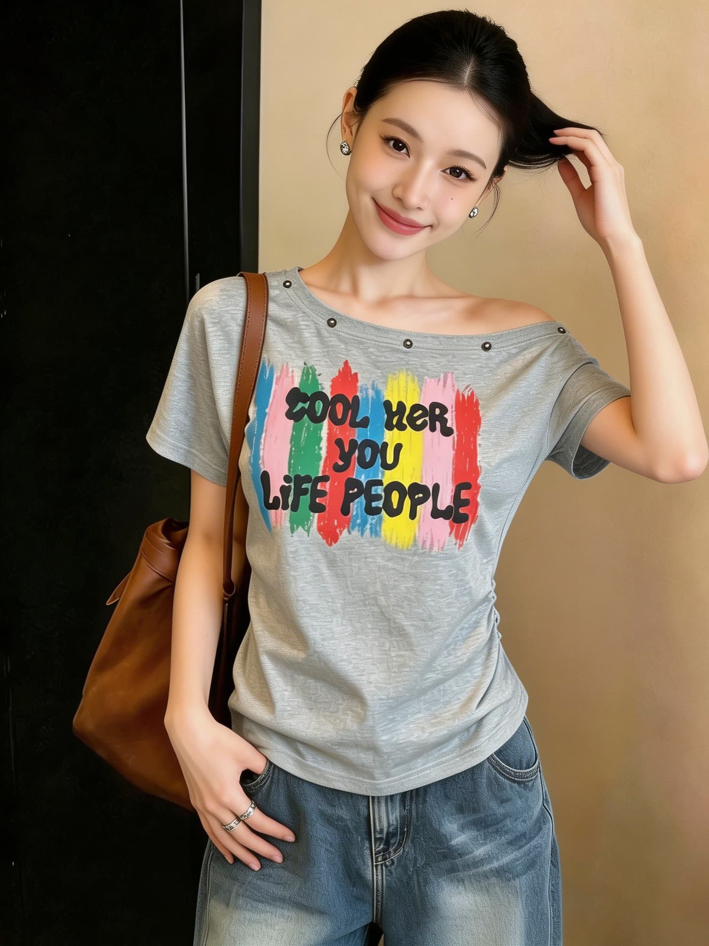 실사 한국 스타일 달콤한 차가운 핫걸 바람 작은 대중 비스듬한 어깨 징 무지개 프린트 슬림해 보이는 다용도 세련된 티셔츠 여성 상세 이미지 25