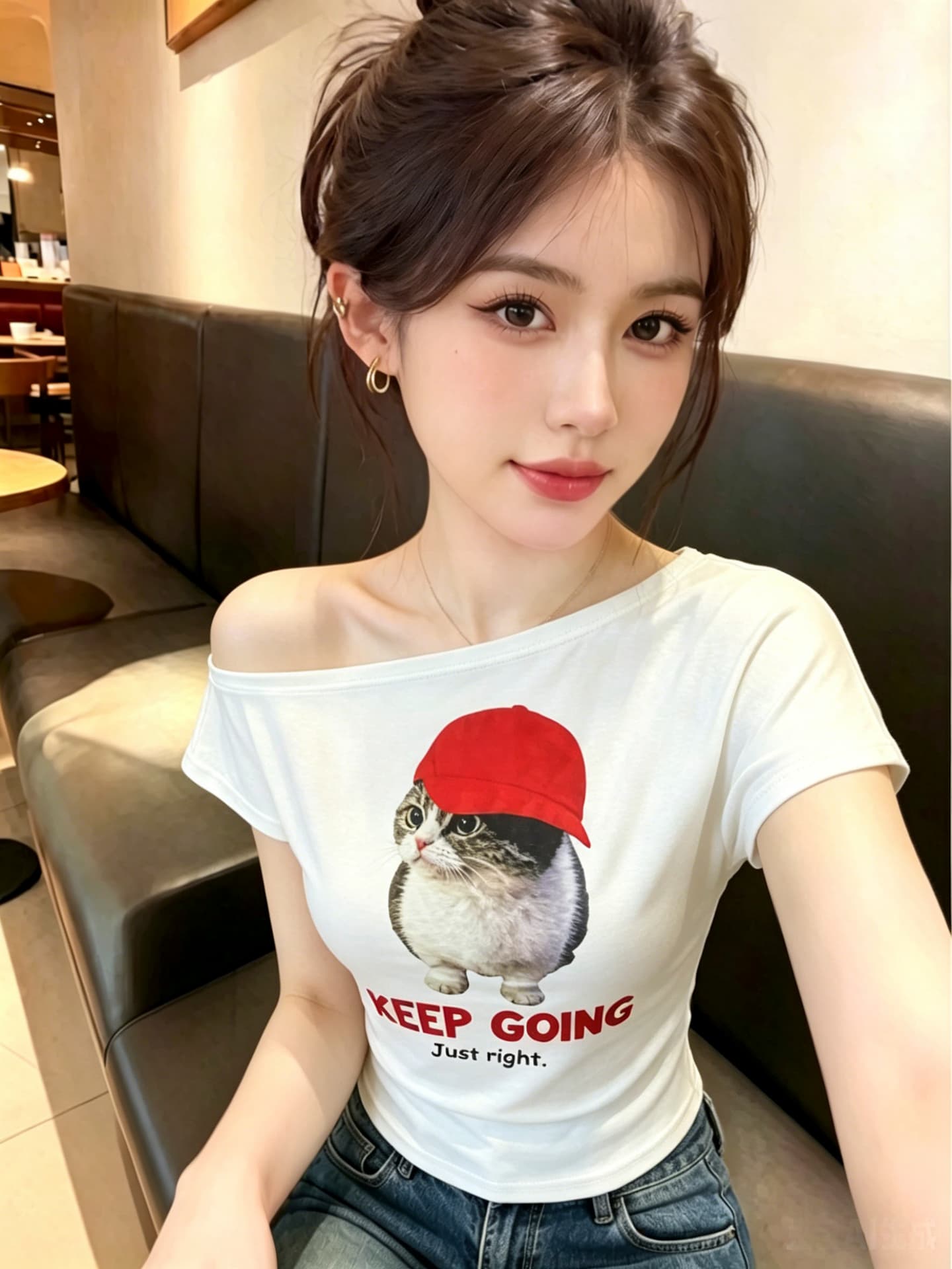 실사 비스듬한 어깨 보트넥 티셔츠 여성 여름 고양이 프린트 반팔 한 부서 핫걸 루즈핏 슬림해 보이는 오프숄더 맨위