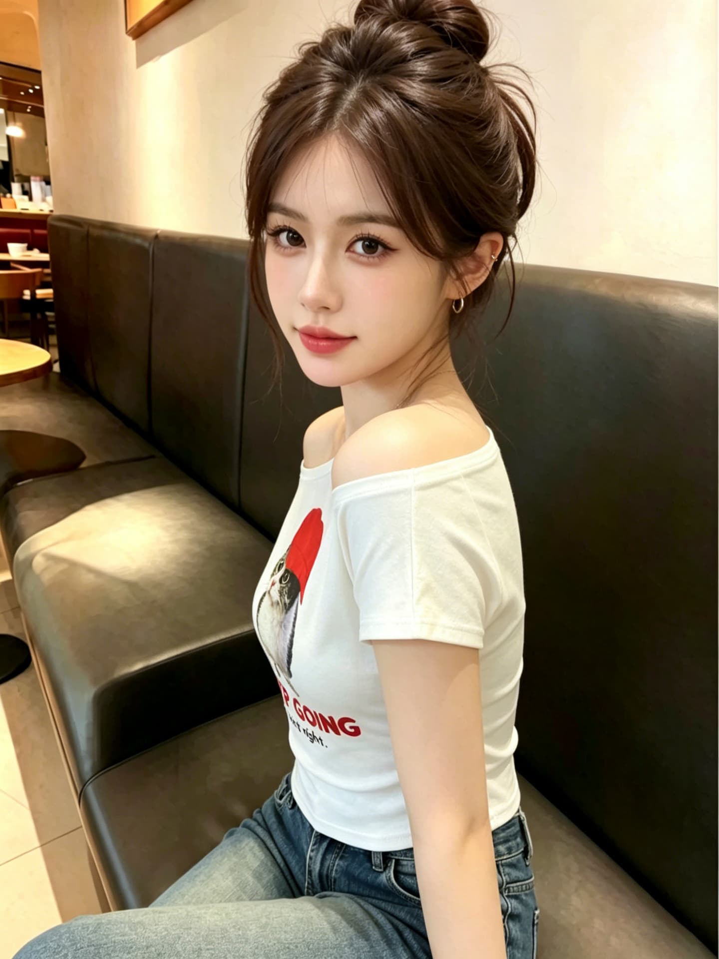 실사 비스듬한 어깨 보트넥 티셔츠 여성 여름 고양이 프린트 반팔 한 부서 핫걸 루즈핏 슬림해 보이는 오프숄더 맨위 상세 이미지 3