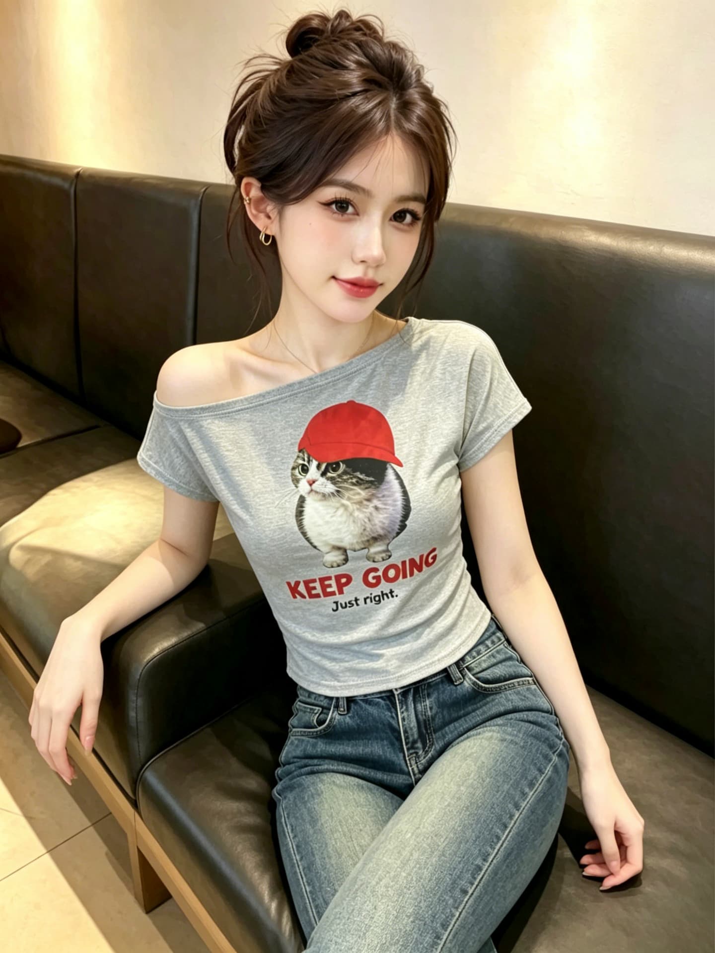 실사 비스듬한 어깨 보트넥 티셔츠 여성 여름 고양이 프린트 반팔 한 부서 핫걸 루즈핏 슬림해 보이는 오프숄더 맨위 상세 이미지 12