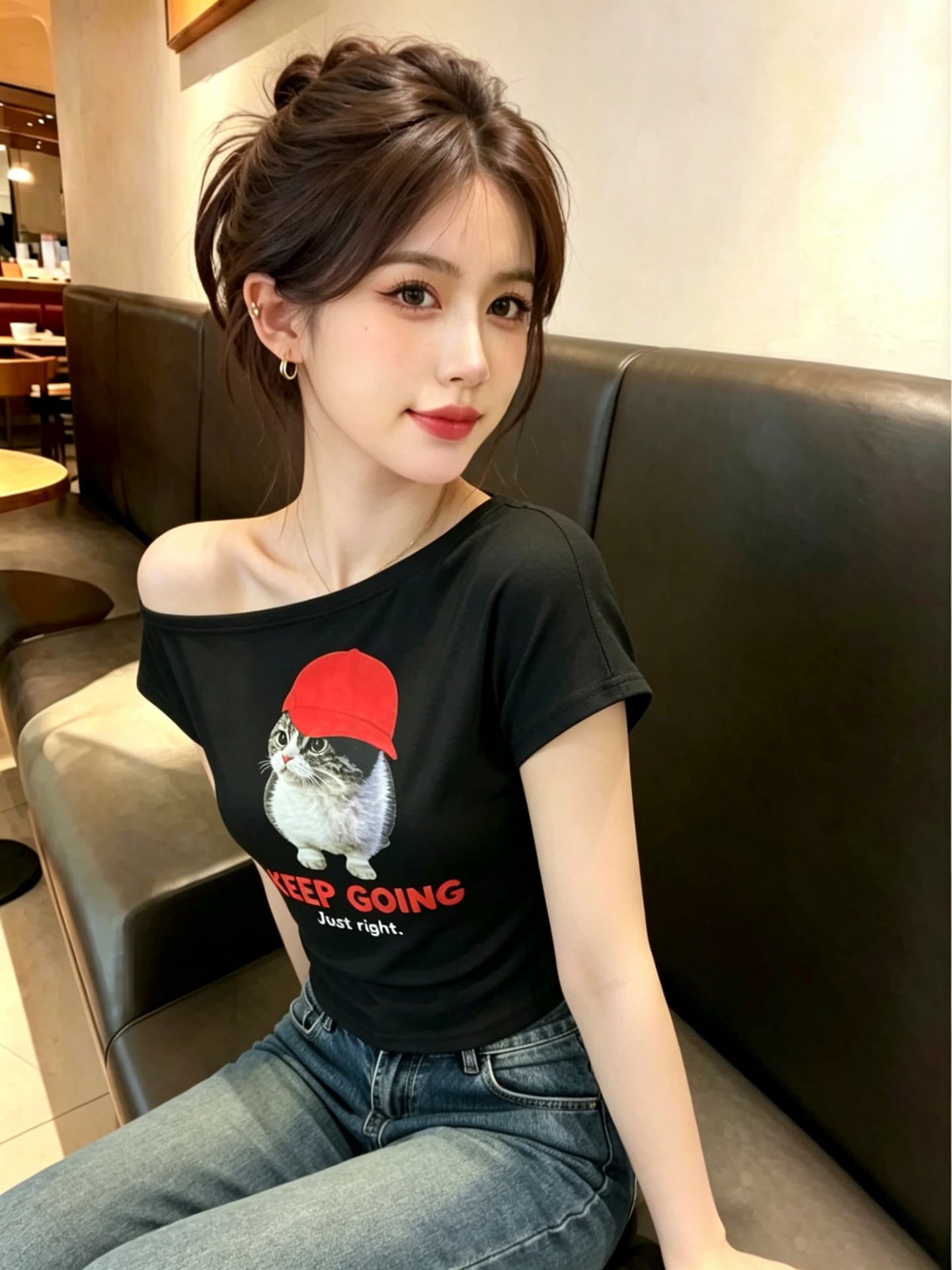 실사 비스듬한 어깨 보트넥 티셔츠 여성 여름 고양이 프린트 반팔 한 부서 핫걸 루즈핏 슬림해 보이는 오프숄더 맨위 상세 이미지 16