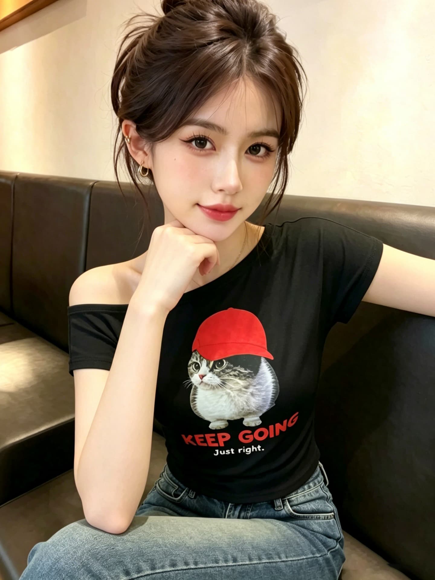 실사 비스듬한 어깨 보트넥 티셔츠 여성 여름 고양이 프린트 반팔 한 부서 핫걸 루즈핏 슬림해 보이는 오프숄더 맨위 상세 이미지 17