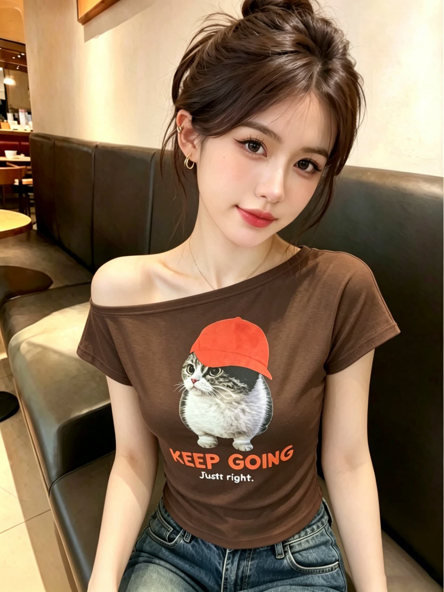 실사 비스듬한 어깨 보트넥 티셔츠 여성 여름 고양이 프린트 반팔 한 부서 핫걸 루즈핏 슬림해 보이는 오프숄더 맨위 상세 이미지 21
