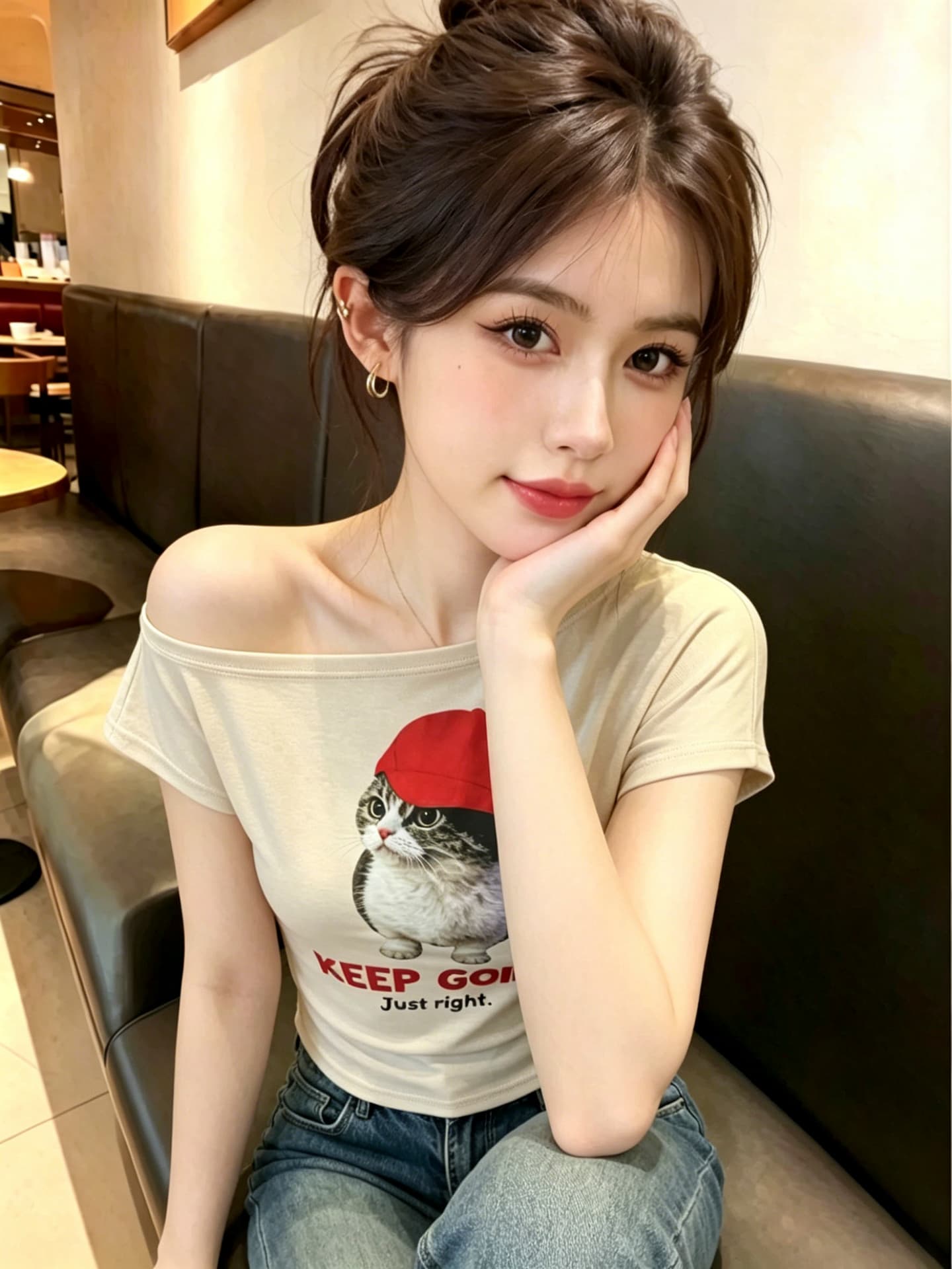 실사 비스듬한 어깨 보트넥 티셔츠 여성 여름 고양이 프린트 반팔 한 부서 핫걸 루즈핏 슬림해 보이는 오프숄더 맨위 상세 이미지 30