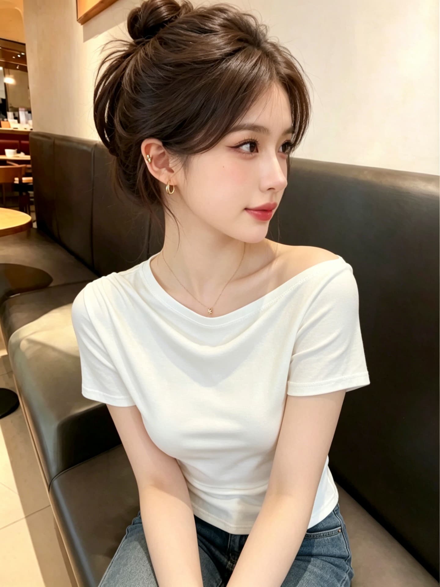 실사 한국 스타일 품격 오프숄더 품격 허리 수축 슬림해 보이는 반팔 티셔츠 여성 2026 새로운 다용도 비스듬한 어깨 의류 상세 이미지 2