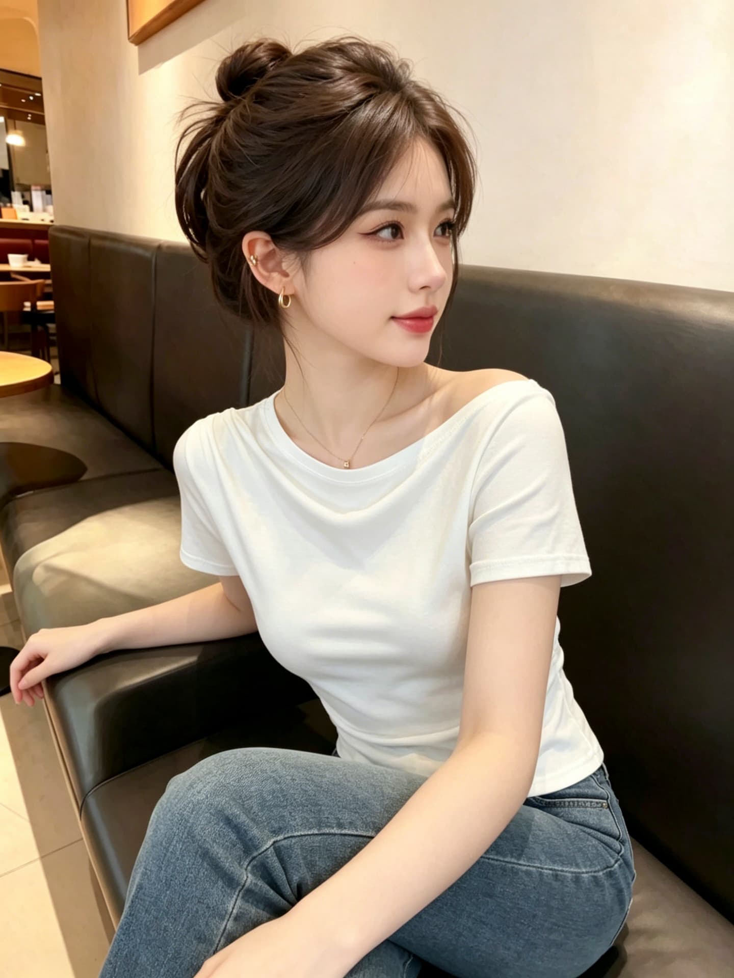 실사 한국 스타일 품격 오프숄더 품격 허리 수축 슬림해 보이는 반팔 티셔츠 여성 2026 새로운 다용도 비스듬한 어깨 의류 상세 이미지 3