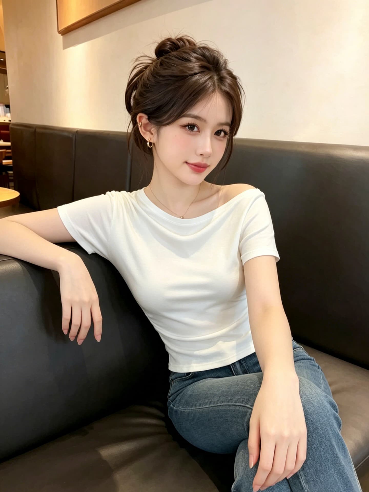 실사 한국 스타일 품격 오프숄더 품격 허리 수축 슬림해 보이는 반팔 티셔츠 여성 2026 새로운 다용도 비스듬한 어깨 의류 상세 이미지 4