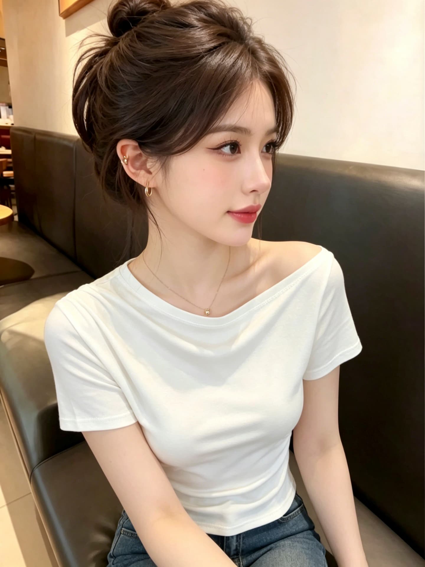 실사 한국 스타일 품격 오프숄더 품격 허리 수축 슬림해 보이는 반팔 티셔츠 여성 2026 새로운 다용도 비스듬한 어깨 의류 상세 이미지 6
