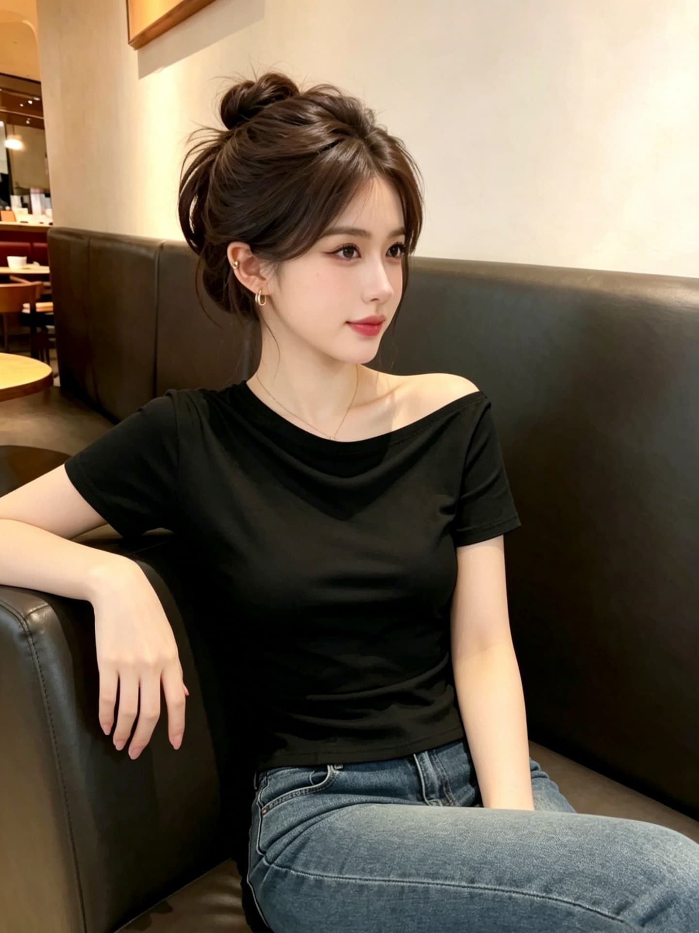 실사 한국 스타일 품격 오프숄더 품격 허리 수축 슬림해 보이는 반팔 티셔츠 여성 2026 새로운 다용도 비스듬한 어깨 의류 상세 이미지 10