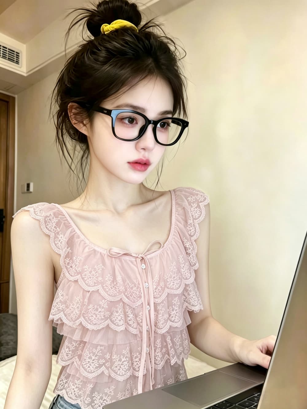 실사 프랑스식 프릴 여러 단계 레이스 조각 Feifei 소매 여성 셔츠 여름 2026 쇼트 스타일 맨위 상세 이미지 1