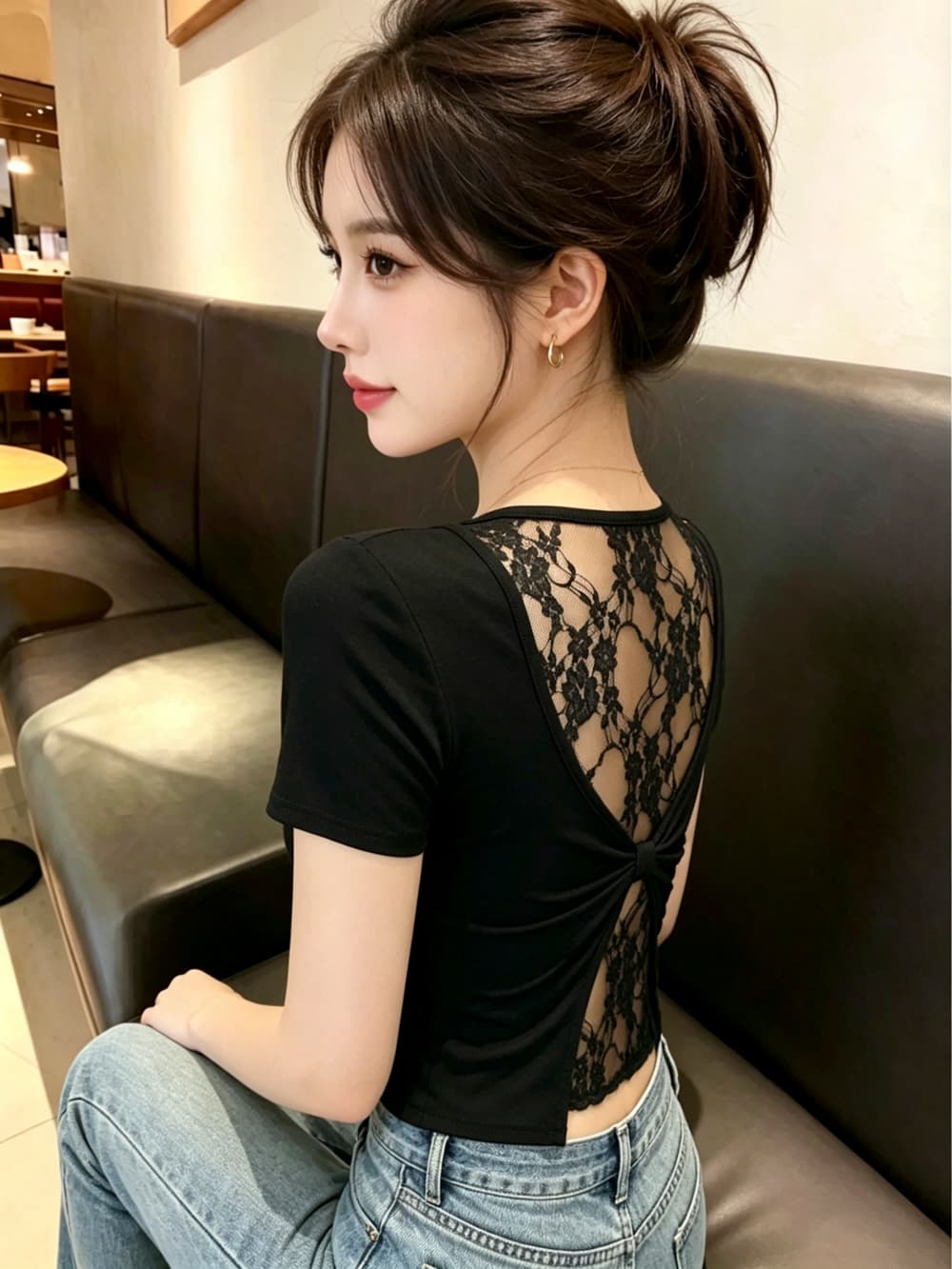 실사 여름 새로운 광장 칼라 패치워크 레이스 반팔 티셔츠 여성 의류 홀로우 아웃 Chic 이슬 멜빵 가슴 패드 의류 이미지 3