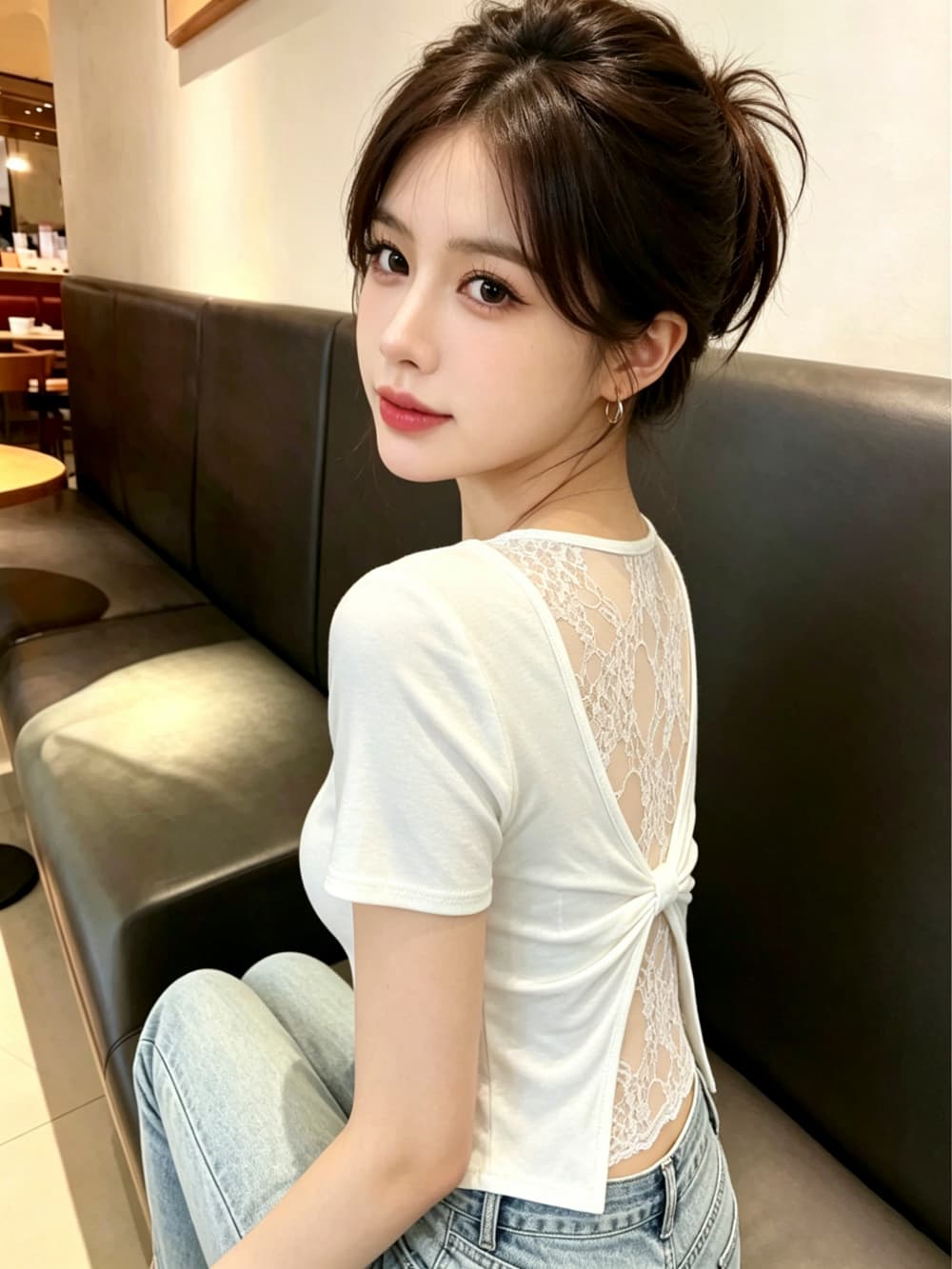 실사 여름 새로운 광장 칼라 패치워크 레이스 반팔 티셔츠 여성 의류 홀로우 아웃 Chic 이슬 멜빵 가슴 패드 의류 상세 이미지 5