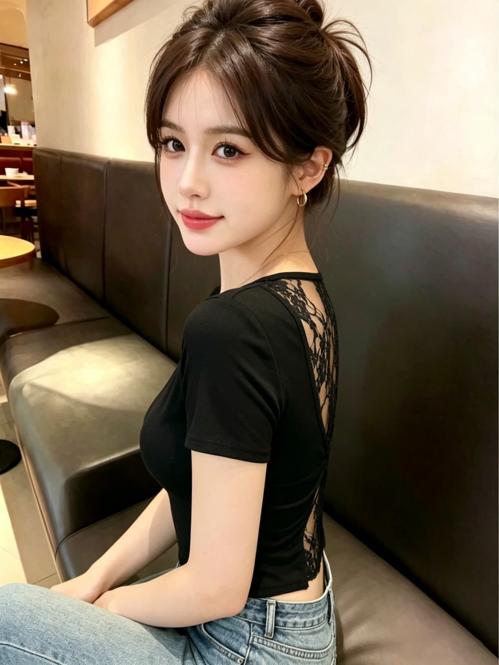 실사 여름 새로운 광장 칼라 패치워크 레이스 반팔 티셔츠 여성 의류 홀로우 아웃 Chic 이슬 멜빵 가슴 패드 의류 상세 이미지 12