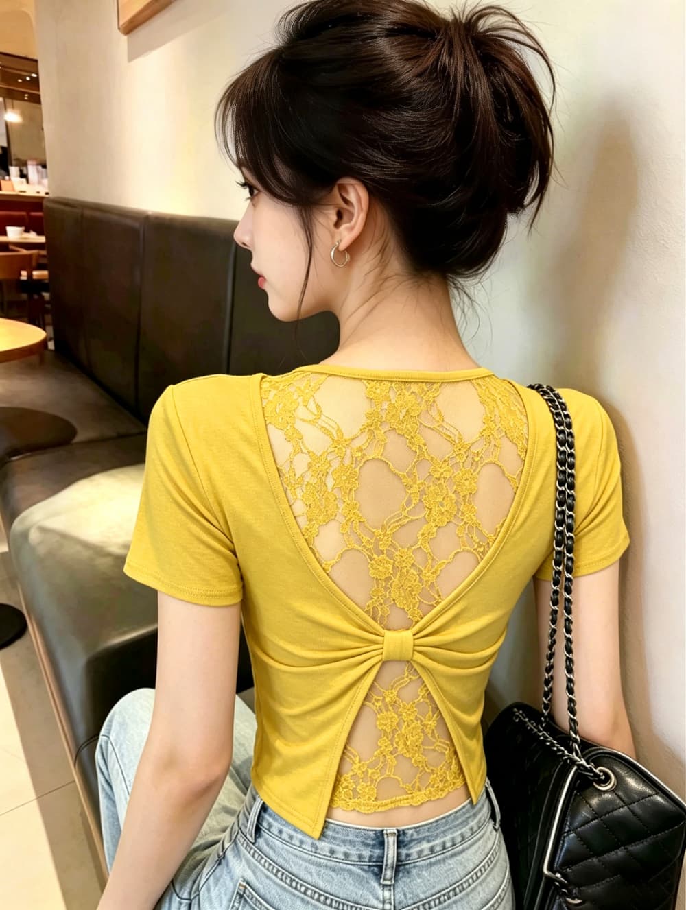 실사 여름 새로운 광장 칼라 패치워크 레이스 반팔 티셔츠 여성 의류 홀로우 아웃 Chic 이슬 멜빵 가슴 패드 의류 상세 이미지 23