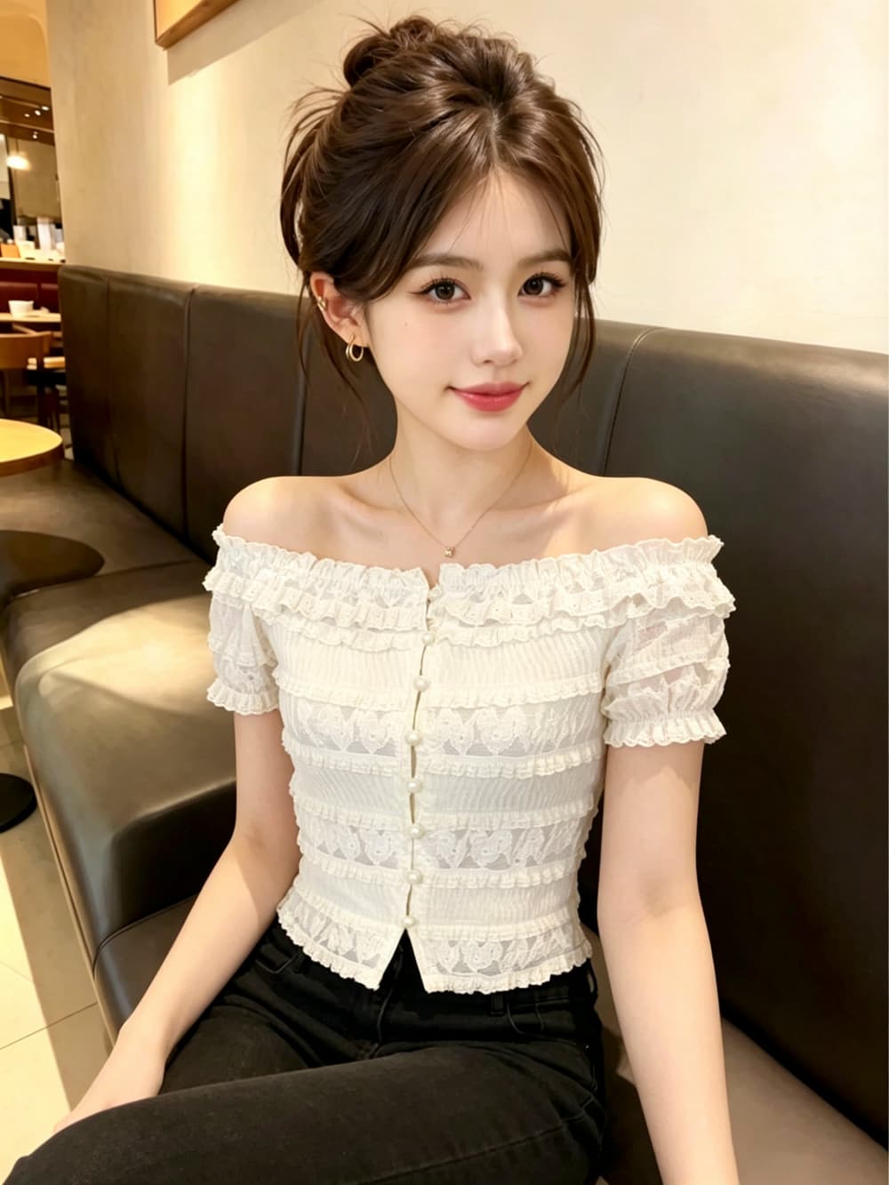 실사 프랑스식 부드러운 오프숄더 레이스 반팔 티셔츠 여성 프릴 허리 수축 여름 쇼트 스타일 오프숄더 맨위
