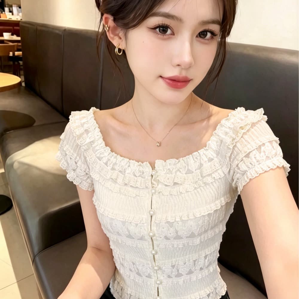 실사 프랑스식 부드러운 오프숄더 레이스 반팔 티셔츠 여성 프릴 허리 수축 여름 쇼트 스타일 오프숄더 맨위 이미지 5