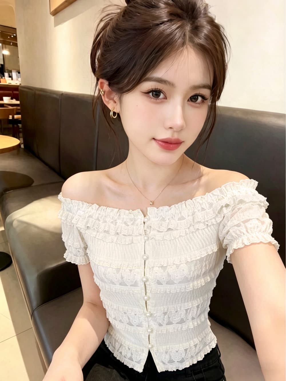 실사 프랑스식 부드러운 오프숄더 레이스 반팔 티셔츠 여성 프릴 허리 수축 여름 쇼트 스타일 오프숄더 맨위 상세 이미지 1