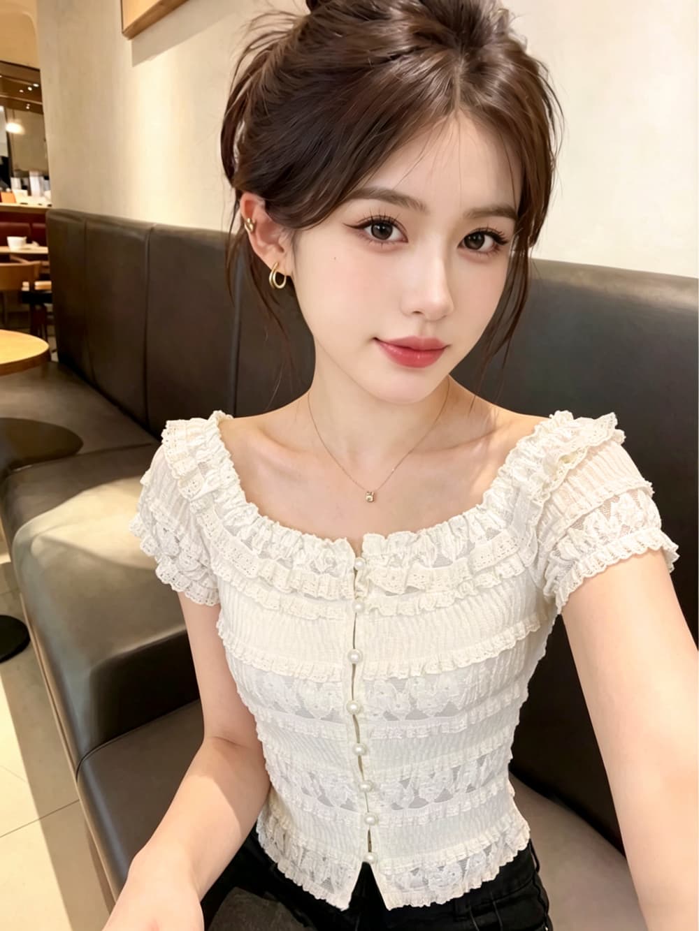 실사 프랑스식 부드러운 오프숄더 레이스 반팔 티셔츠 여성 프릴 허리 수축 여름 쇼트 스타일 오프숄더 맨위 상세 이미지 2